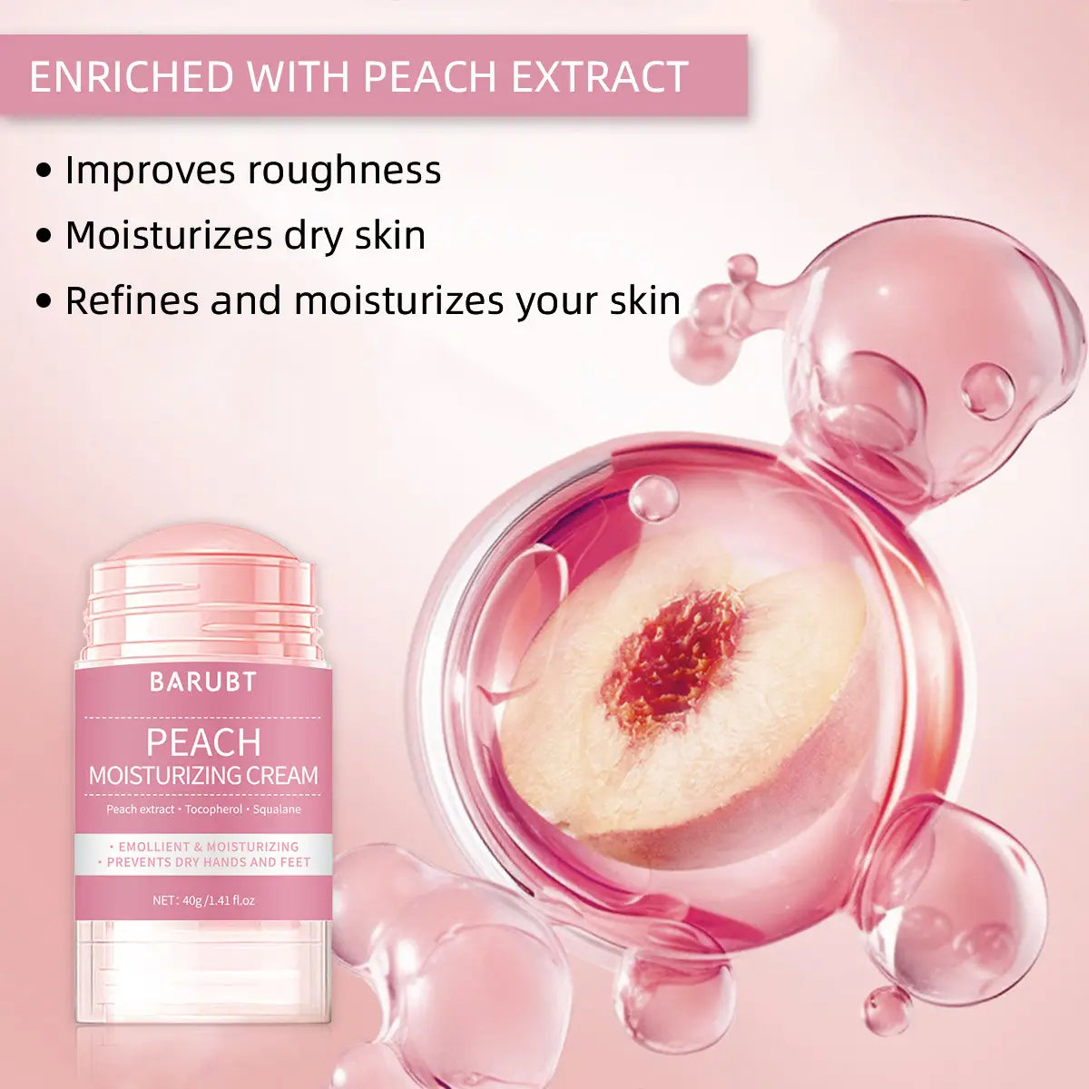 Crème bâton pour le soin hydratant des mains et des pieds à la pêche, 72 g, dans un tube cylindrique élégant rosé transparent, avec un capuchon assorti, conçu pour hydrater la peau.