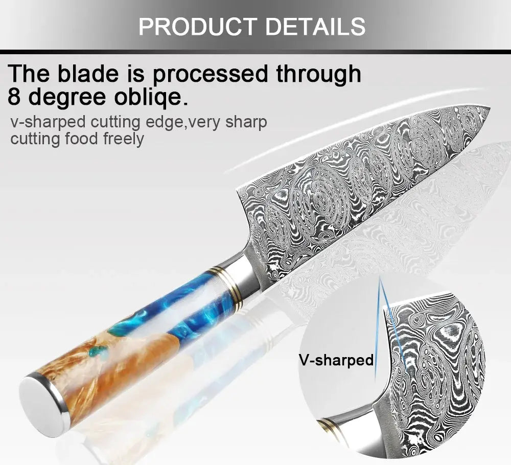 Cuchillo de chef elegante de acero damasco de Damasco con intrincados patrones de remolinos en la hoja y un mango elaborado con madera de resina naranja azul y blanca vibrante.