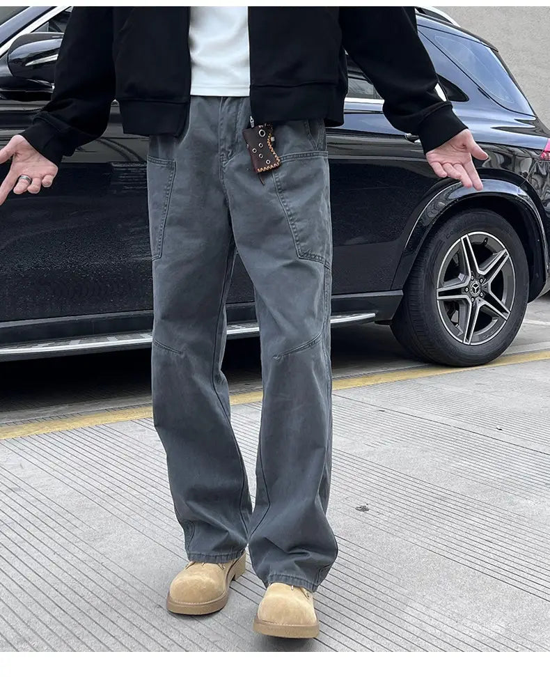 dark gray straight-leg cargo pants with reinforced stitching and multiple pockets made of cotton suitable for mens workwear