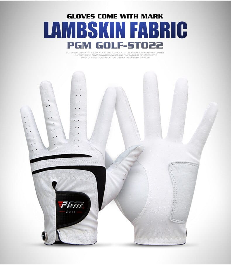 Back side of a men genuine leather breathable golf glove in white lambskin with black accents and perforated fingers featuring a PGM logo patch on the wrist.