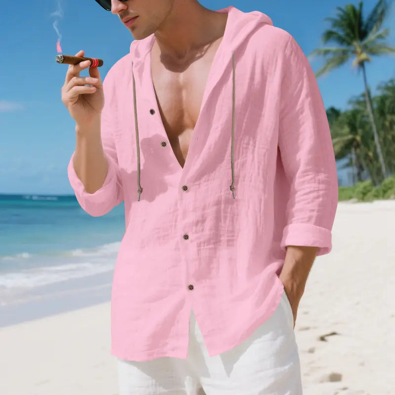 A light pink breathable linen hooded cardigan shirt for men featuring a relaxed fit and button-front closure.