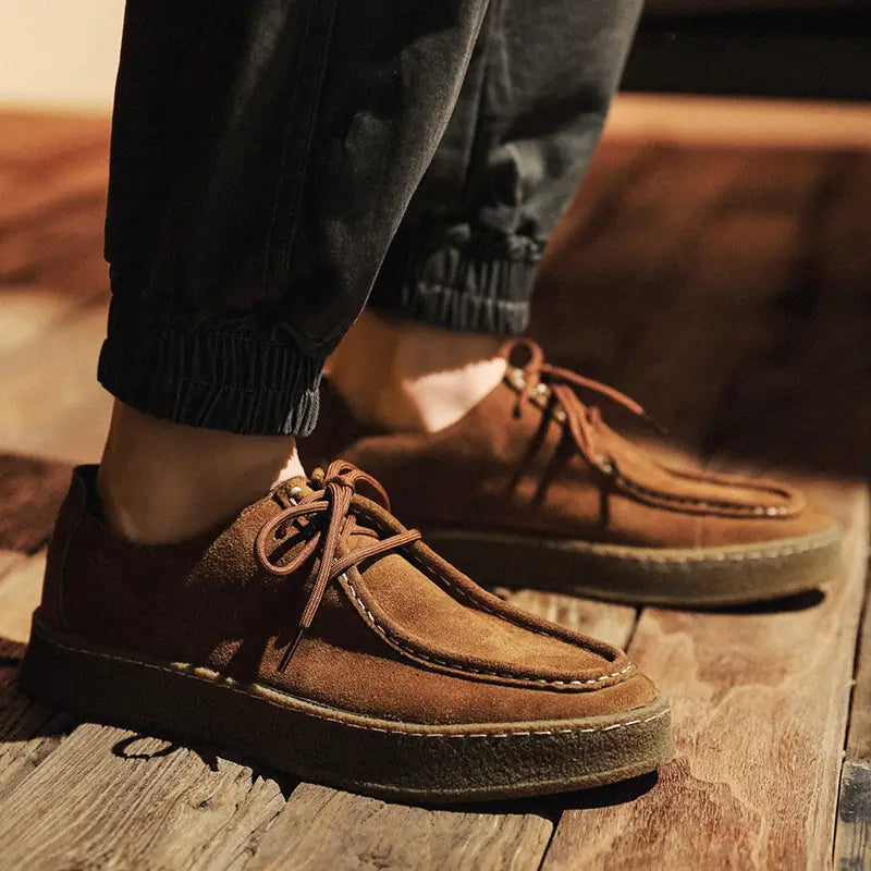 brown suede British style casual lace up leather shoes with a thick worn rubber sole