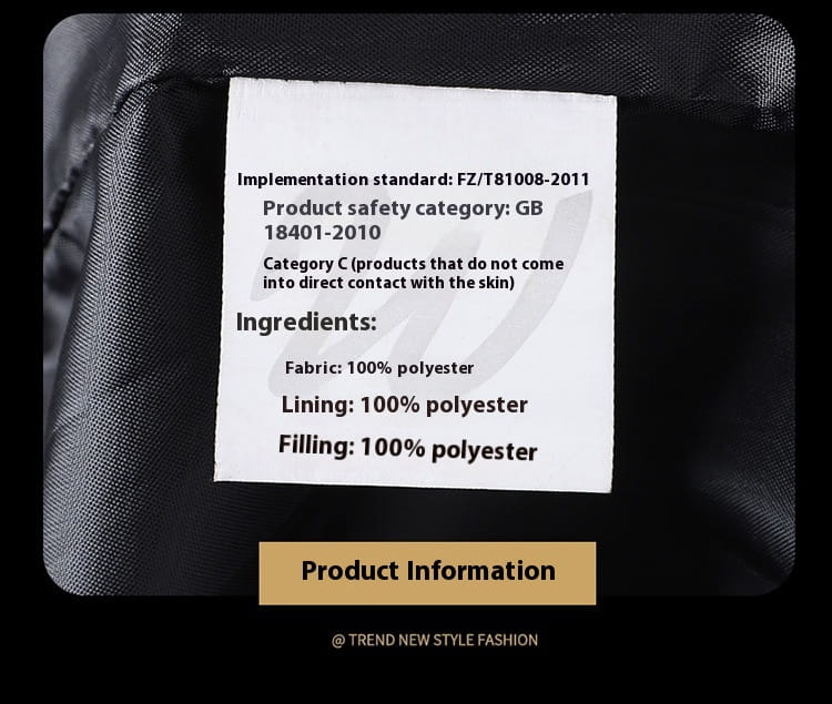 Black polyester garment label with white text detailing product specifications and ingredients on the back side of a men’s warm padded down jacket gray.