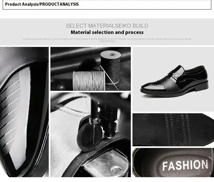 Men’s black patent leather lace-up dress shoes with glossy finish and gold-tone buckle for business and formal wear