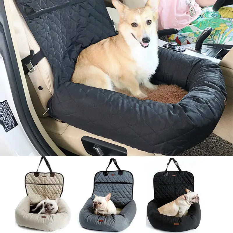 Black quilted dog car seat bed with soft cushioned interior and adjustable straps for secure foldable waterproof pet carrier.