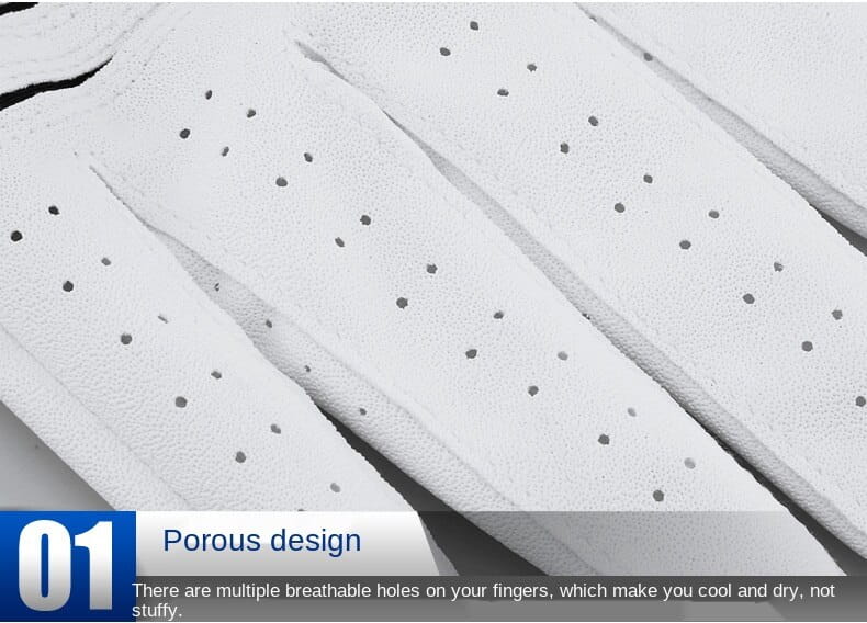 White perforated genuine leather men’s golf glove with a breathable design shown from the back side.