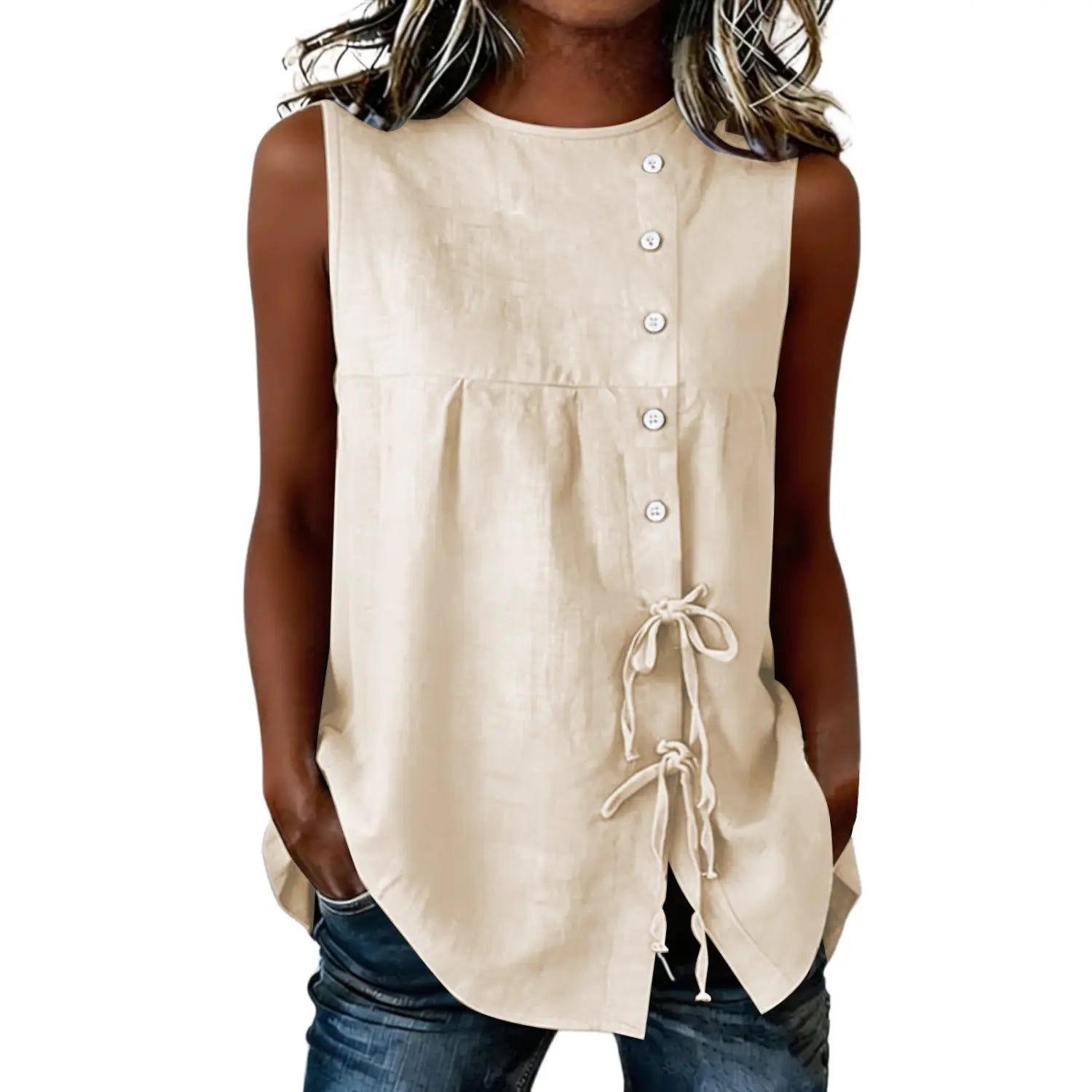 Beige sleeveless tie side button down blouse with button-front closure and side tie details.