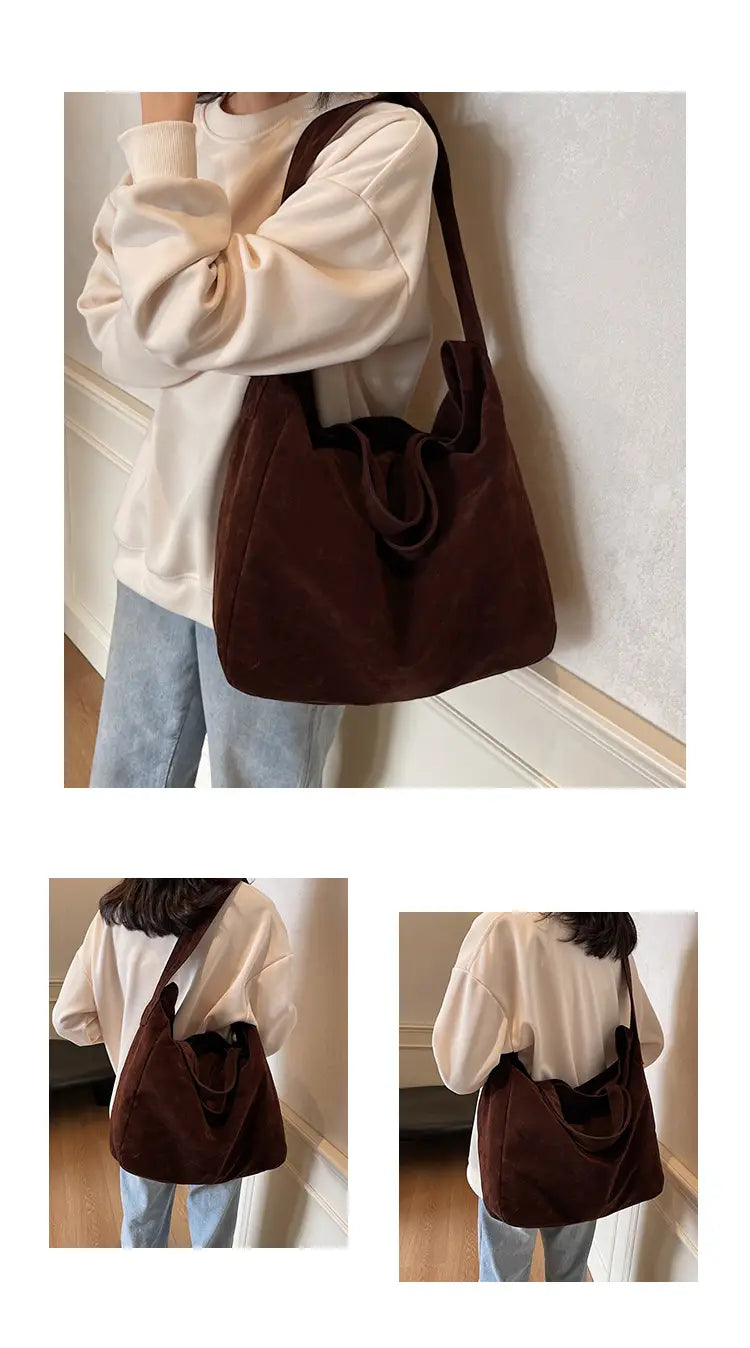 Brown suede tote bag featuring a large brown corduroy shoulder bag with a soft slouchy silhouette and matching fabric handles.