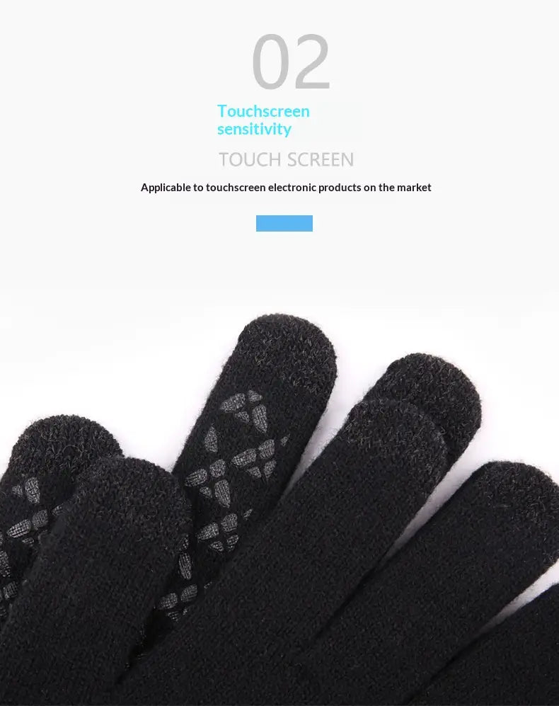 schwarze Touchscreen-Wollhandschuhe für den Winter, von der Rückseite gezeigt, mit strukturierten Fingerspitzen für verbesserte Sensibilität