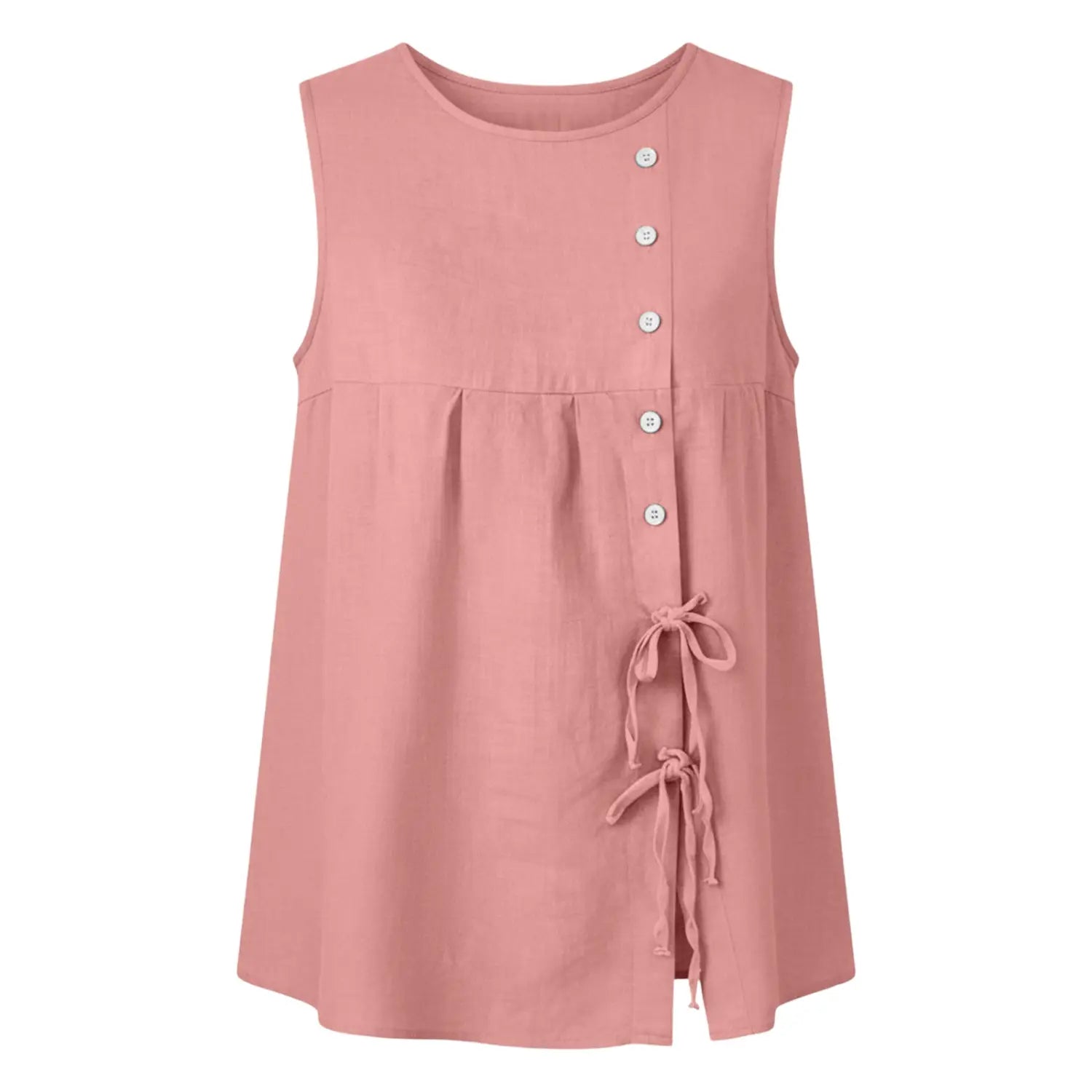 A soft pink sleeveless tie side button down blouse with a round neckline and tied fabric details at the hem.