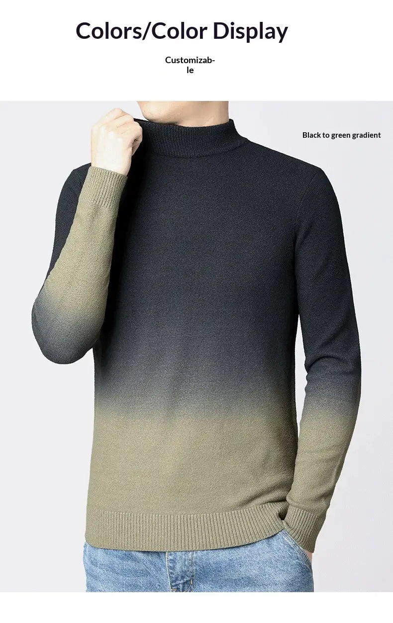 Black to green gradient turtleneck sweater for men with fleece lining and ribbed cuffs and hem.