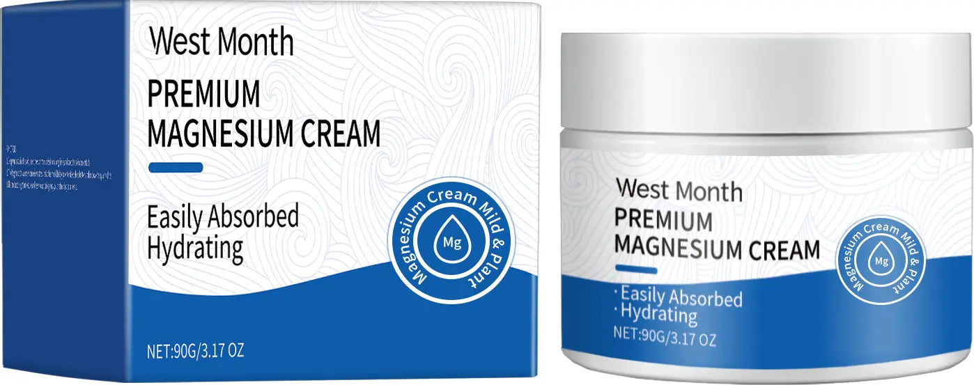 West month premium magnesium cream hydrating body lotion with lavender in a white jar with blue accents and matching box highlighting easily absorbed hydrating properties.