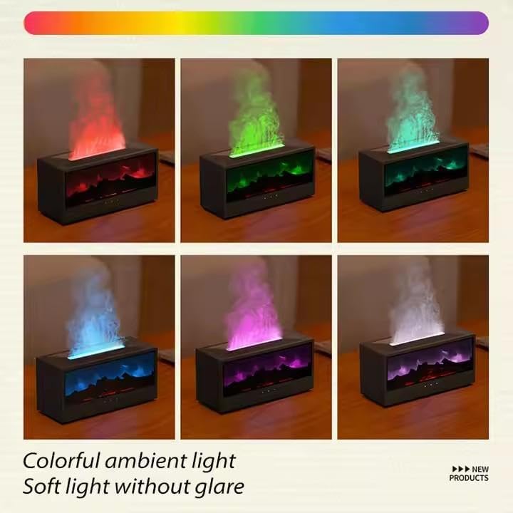 Black rectangular electric fireplace with realistic flame effect and customizable colorful ambient lighting featured in the Flame Humidifier Volcano Aromatherapy Diffuser Light product.
