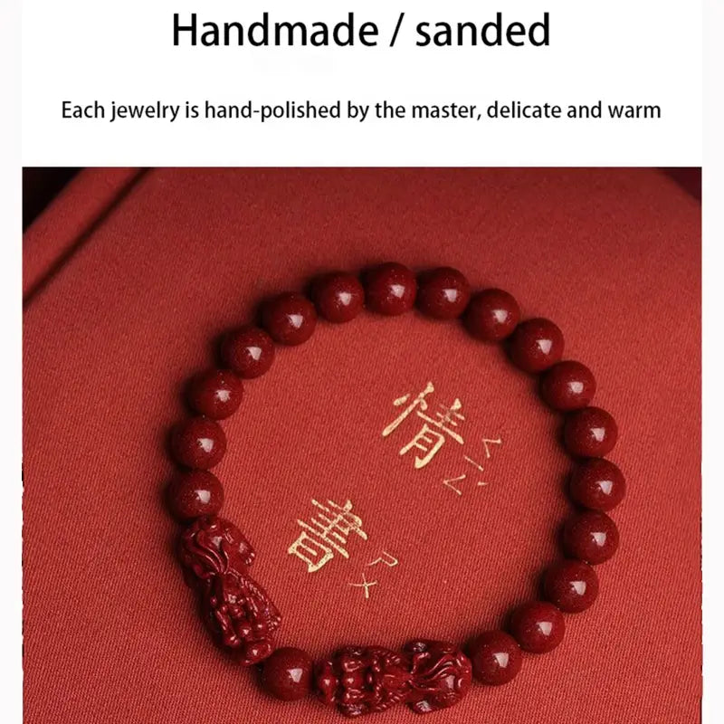 Hand carved purple gold cinnabar double pixiu bracelet featuring a handmade red jade bracelet with intricately carved dragon charms.