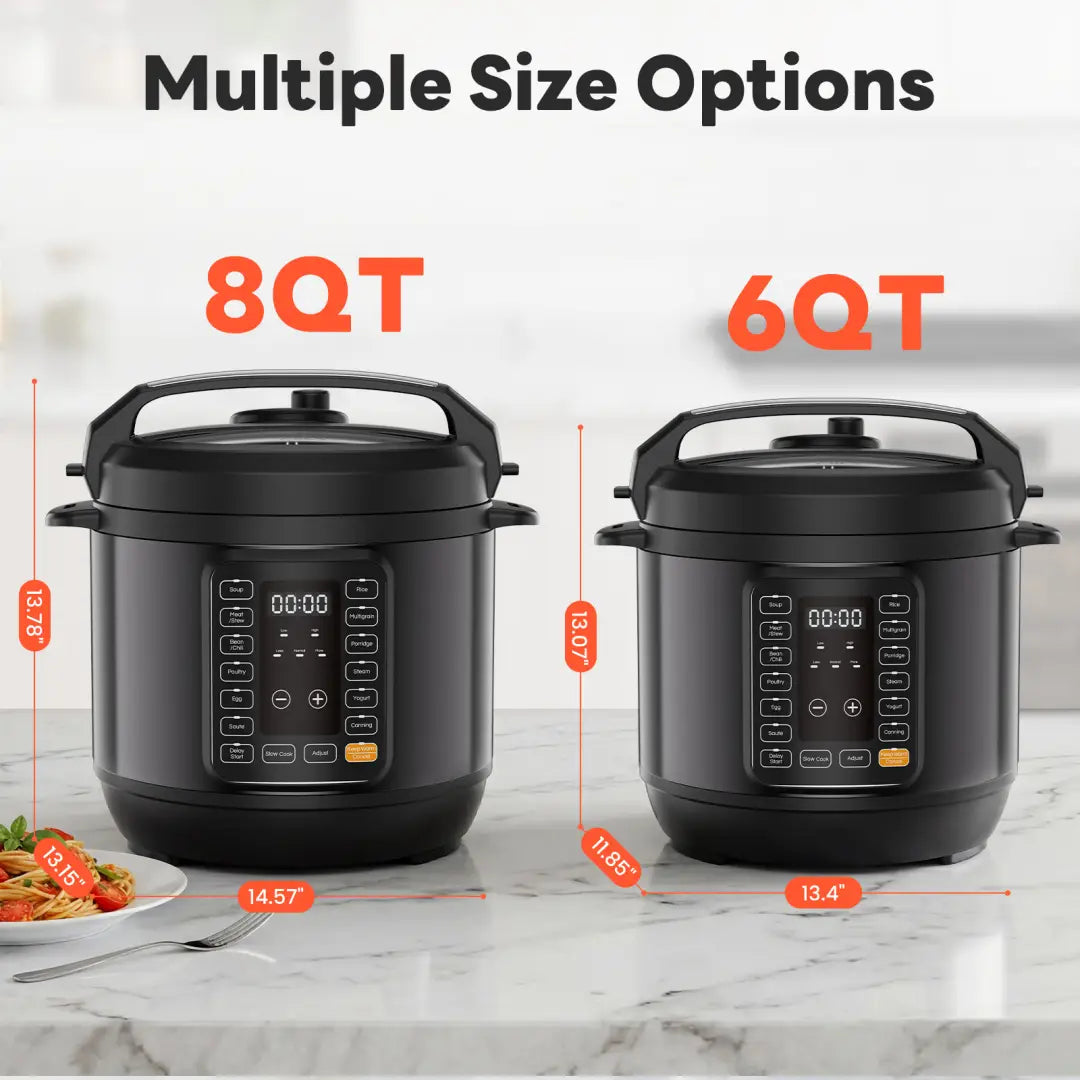 Black 8-quart and 6-quart electric pressure cookers with digital control panels designed as multi cookers for versatile kitchen use.