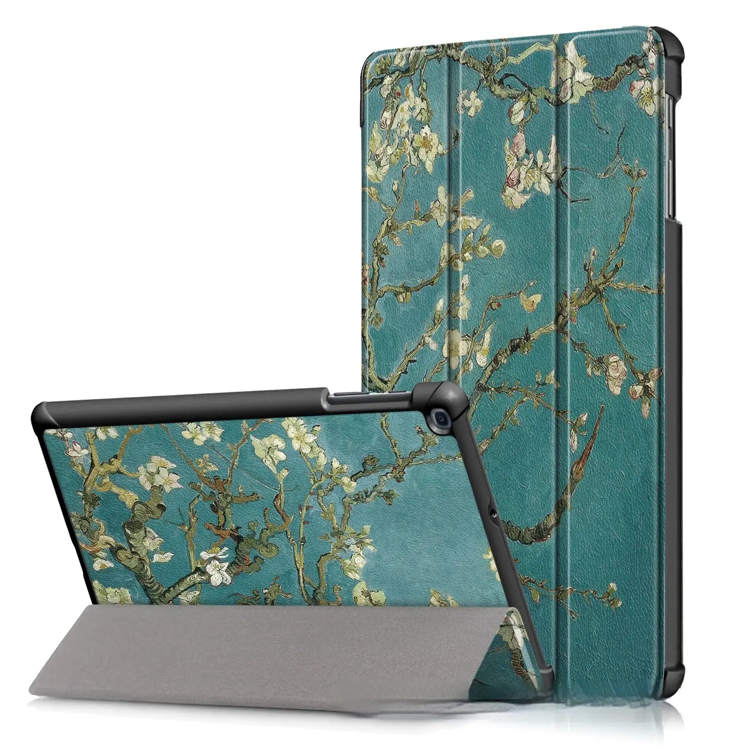 Funda tipo libro de cuero color azul verdoso para tableta Samsung con un diseño impreso de ramas en flor con flores blancas en el reverso, sobre una superficie con textura.