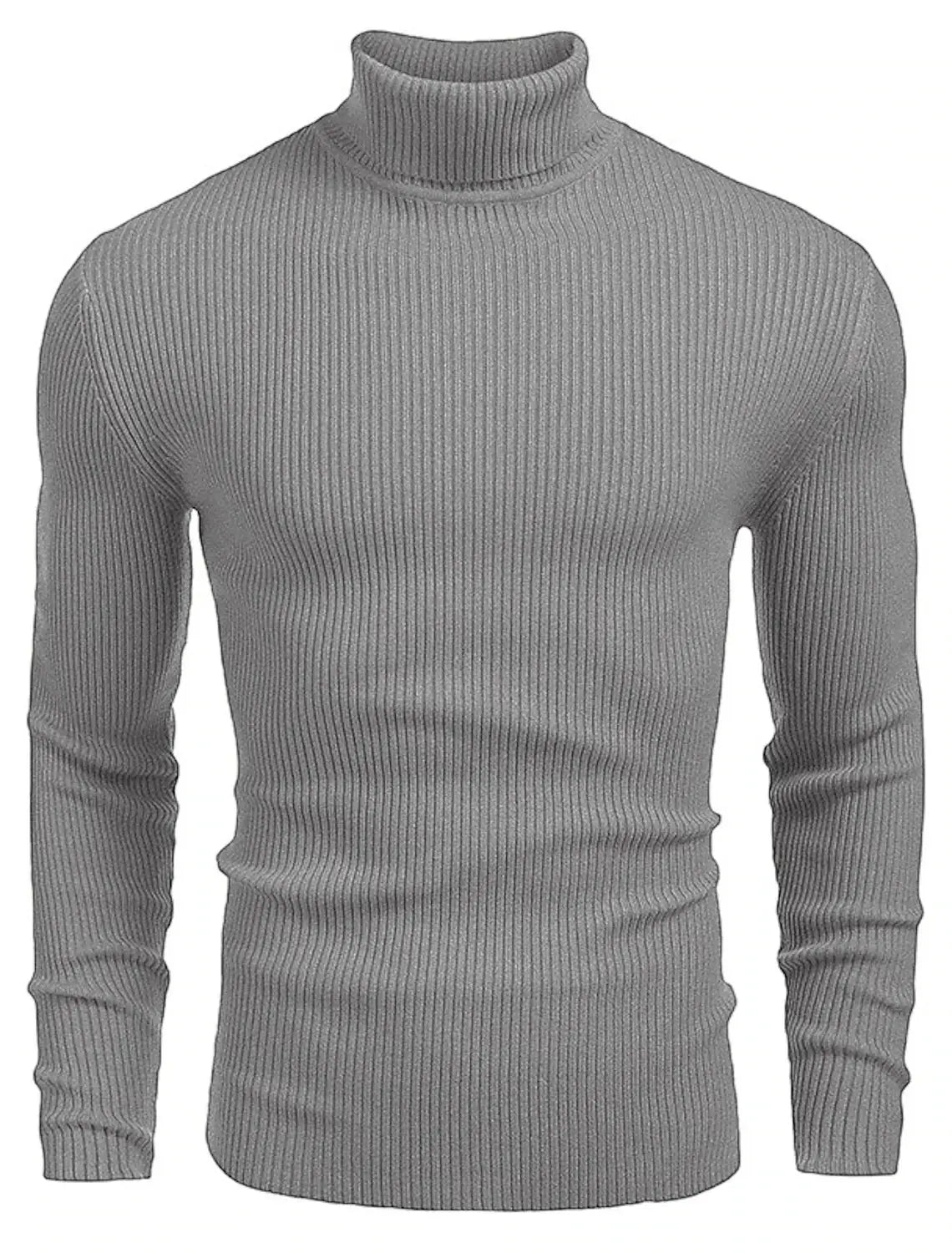 Ein eleganter, gerippter grauer Turtleneck-Pullover Slim Fit mit taillierter Silhouette und langen Ärmeln für Herren.