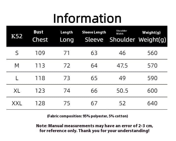 Size chart for men’s herringbone double breasted knit blazer k52 made of 95 percent polyester and 5 percent cotton.