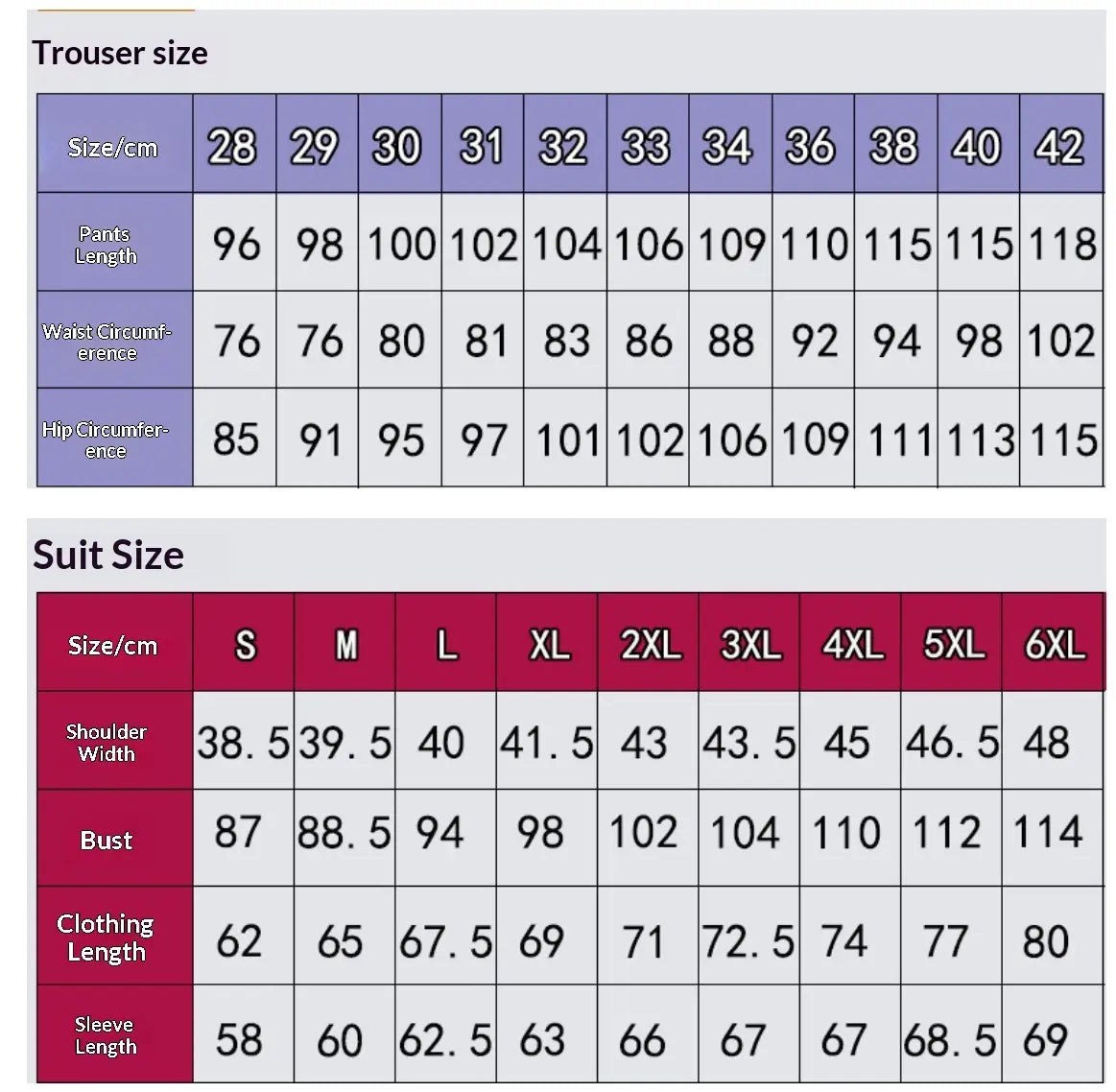 The image displays size charts in centimeters for a mens slim fit three piece suit set showing trousers measurements by size and suits dimensions including shoulder width, bust, clothing length, and sleeve length from size s to 6xl.