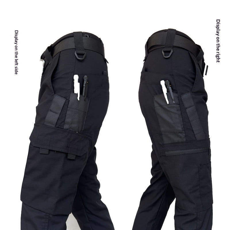 Black tactical cargo pants for men with multiple utility pockets and durable fabric designed for summer use