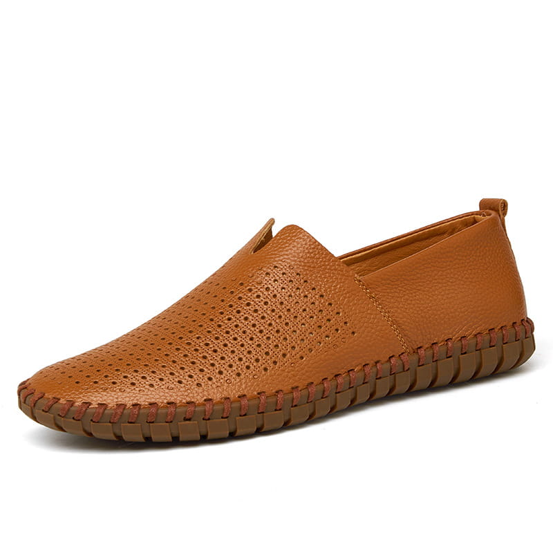 Men’s breathable navy blue perforated leather driving loafers with brown stitched sole and lining in large sizes.