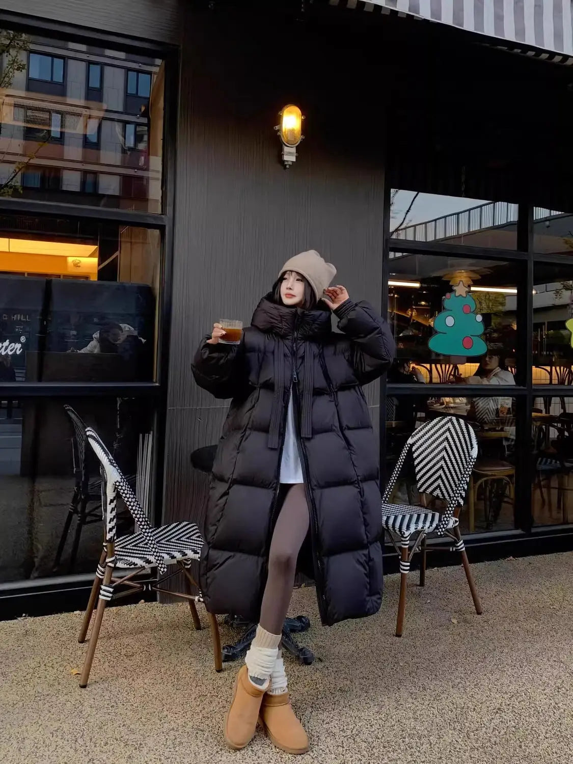 black long padded down jacket quilted coat with hood and puffer design for women