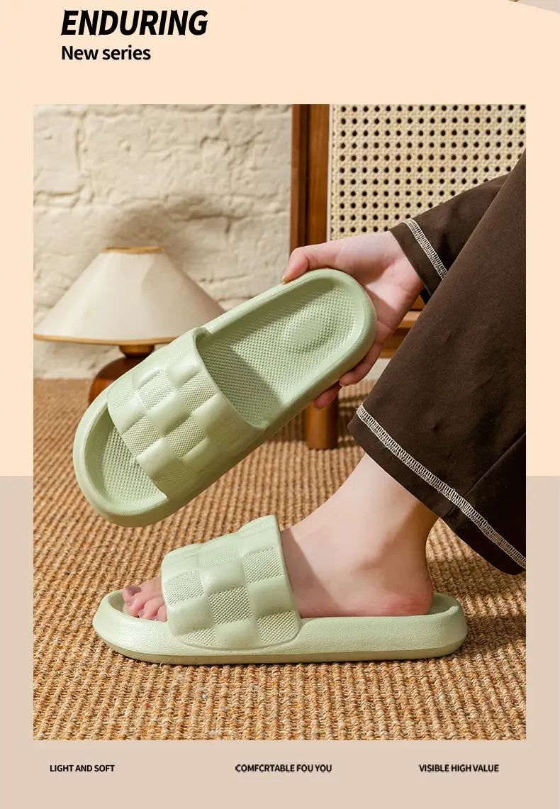 Light green textured rubber quilted Eva soft sole breathable slide sandals with woven pattern on the footbed.