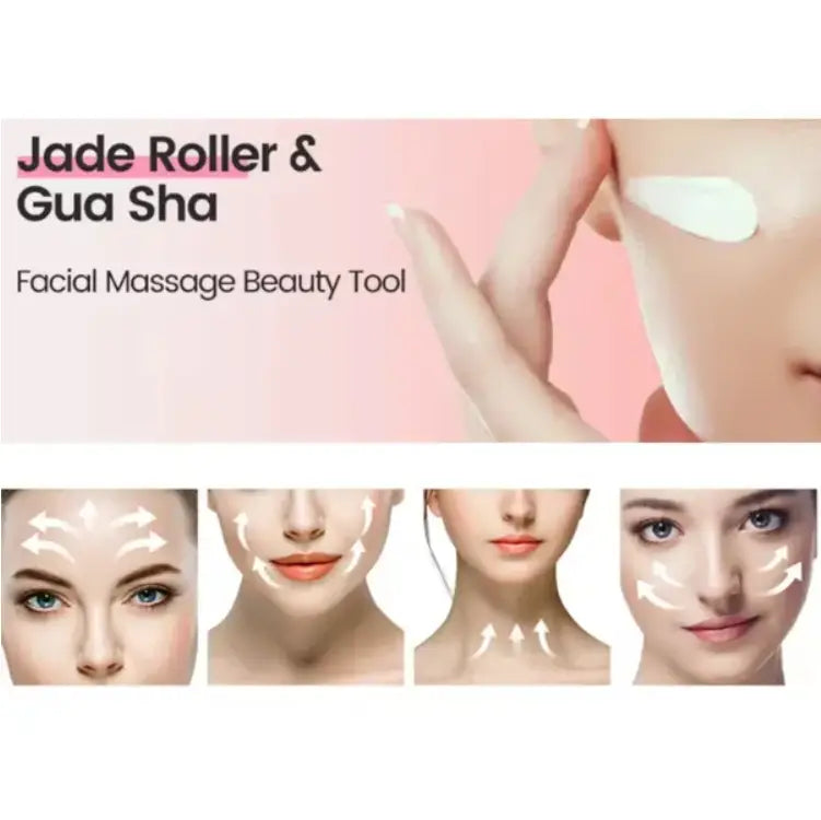 Natural resin jade roller and gua sha facial massage set featuring smooth translucent green tools designed for facial massage.