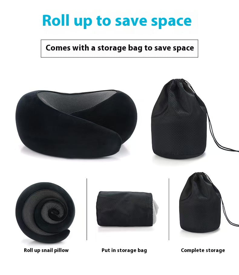 Black plush memory foam travel neck pillow with a contoured shape and mesh-lined interior for adjustable support and comfort.
