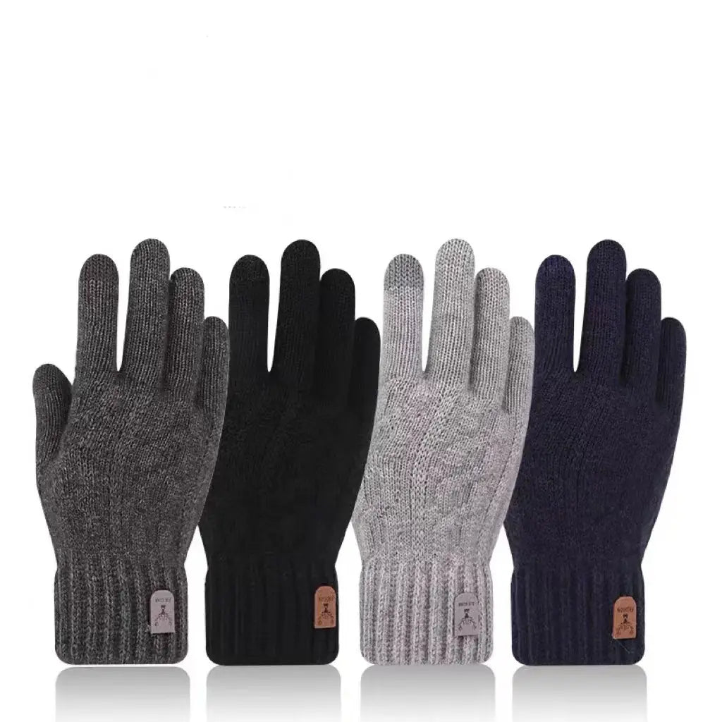 four men’s touchscreen winter knitted gloves in gray, black, heathered gray, and navy blue displayed showing the back side.
