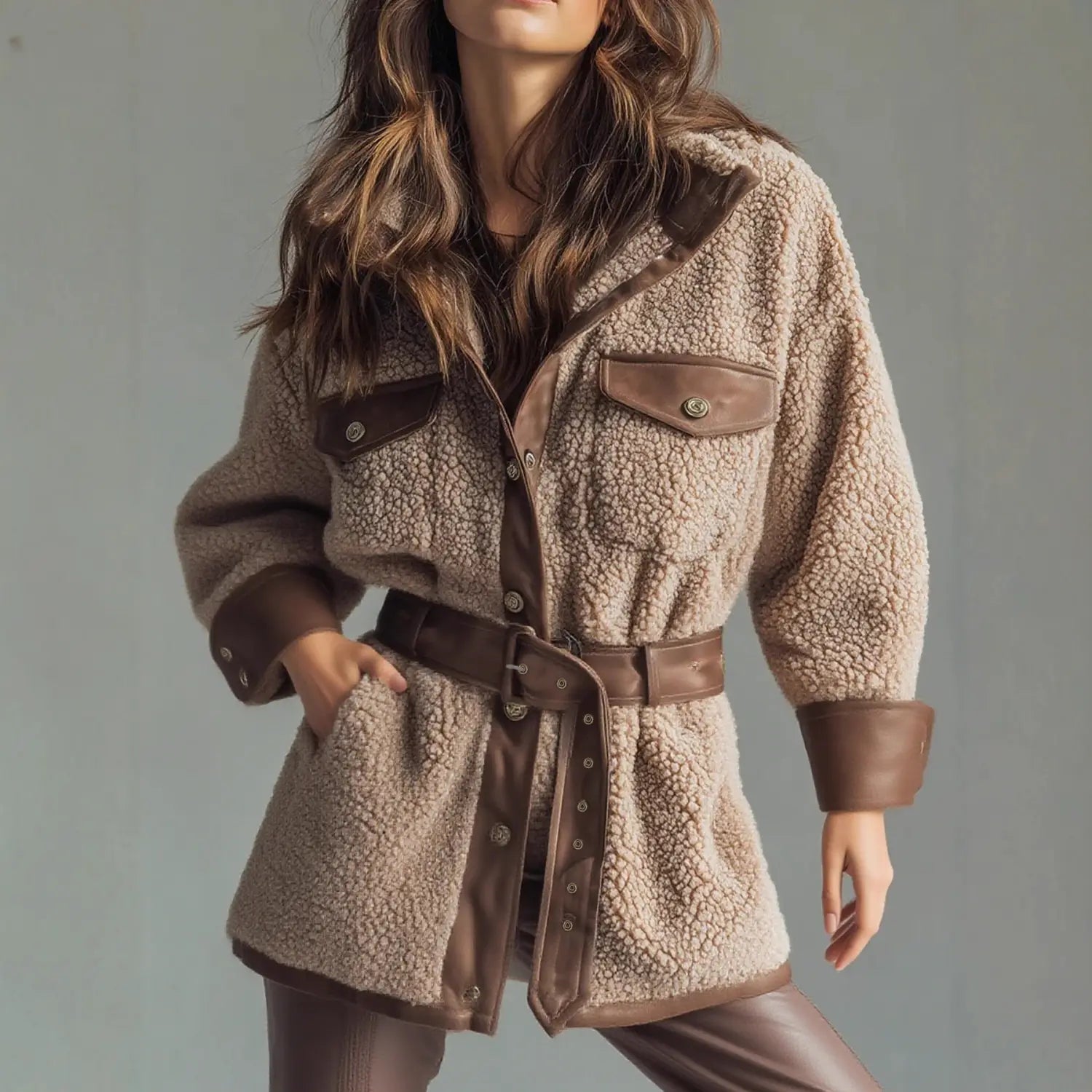 Beiger Shearling-Besatz-PU-Leder-Mantel mit Taillengürtel, mit braunen Lederakzenten und passendem Gürtel.