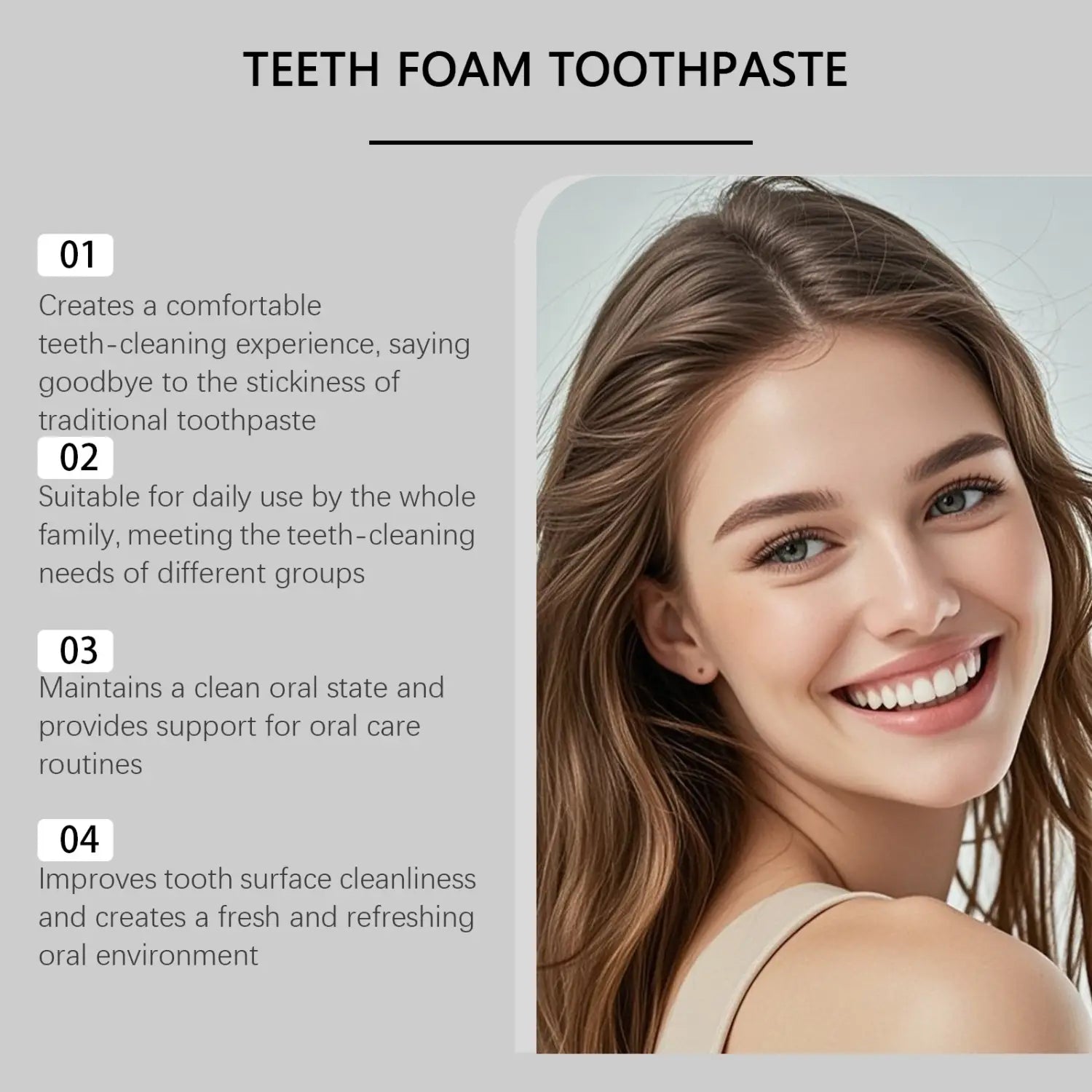 White foam toothpaste tube with minimalist design labeled teeth foam toothpaste in bold black text featuring a mousse pump dispenser for dental hygiene use.