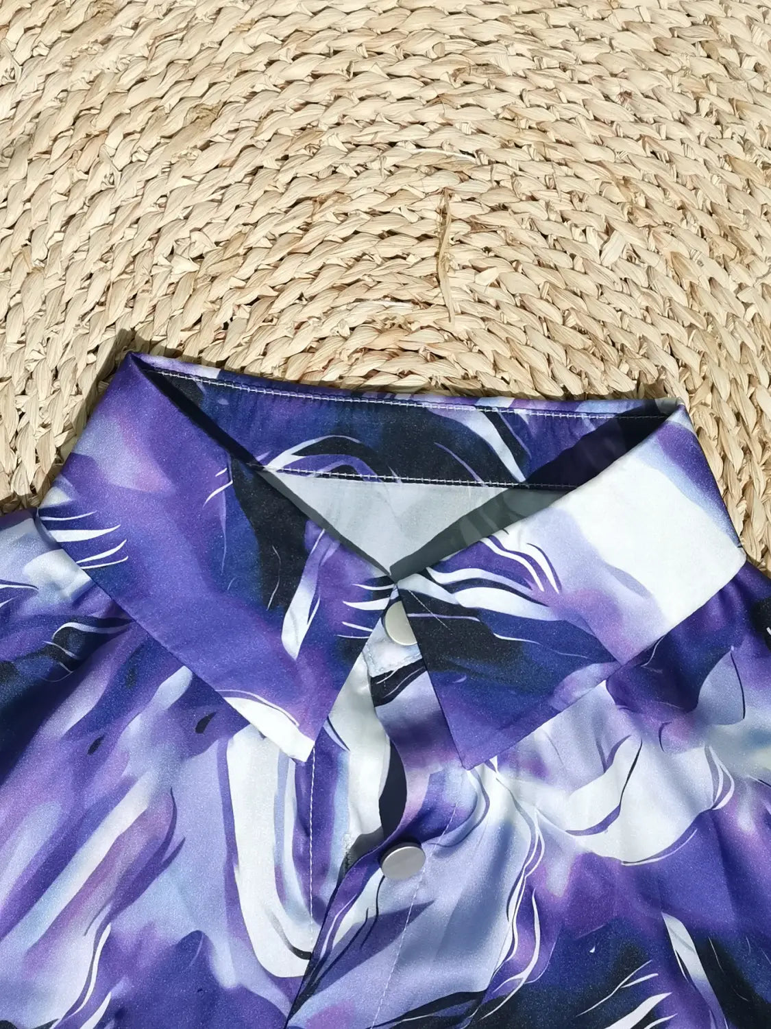 women’s marble print satin long sleeve button blouse featuring a purple and white abstract floral pattern with a satin-like finish