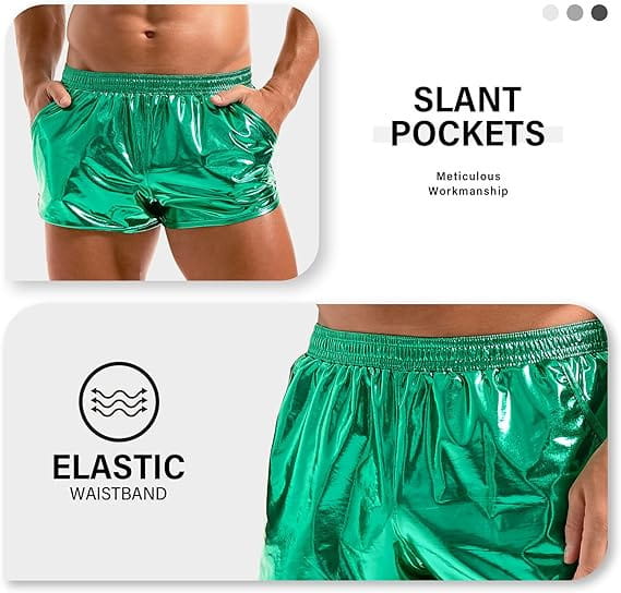 Mens shiny metallic casual shorts in emerald green with a metallic finish featuring slant pockets and an elastic waistband.