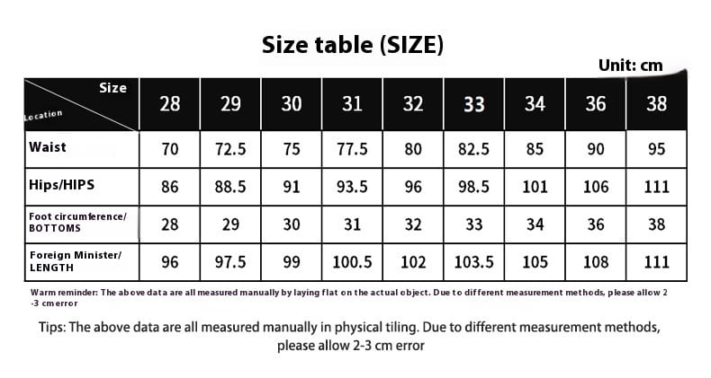 Size chart displaying measurements in centimeters for mens slim fit distressed dark wash denim jeans from size 28 to 38.