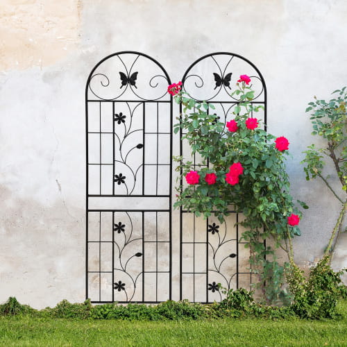 Black wrought iron garden trellis with arched top and rustproof butterfly and floral designs, metal garden trellis 2 pack 71 inches.