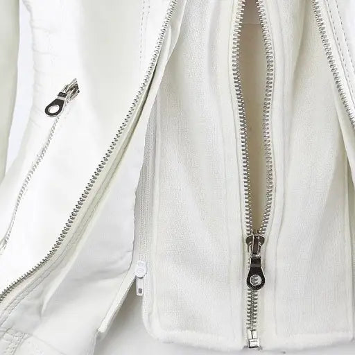 White faux leather moto jacket with detachable hood featuring silver zippers and textured fabric finish.