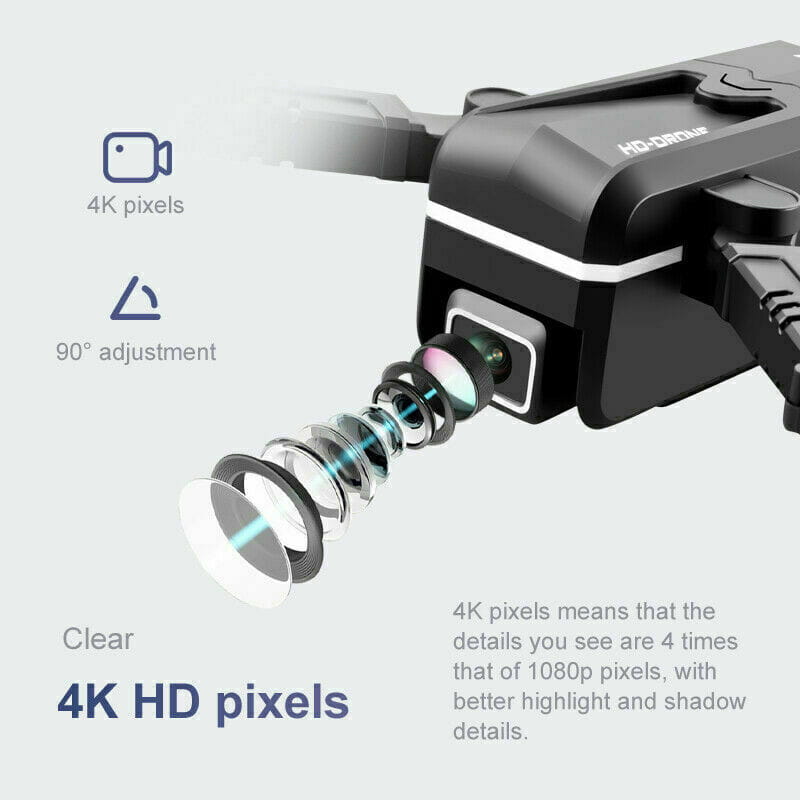 Drone à air quad HD noir, design moderne et élégant, avec une bande d’accent argentée, présenté sur le quadricoptère radiocommandé pliable doté de deux caméras HD 4K du modèle kk1.