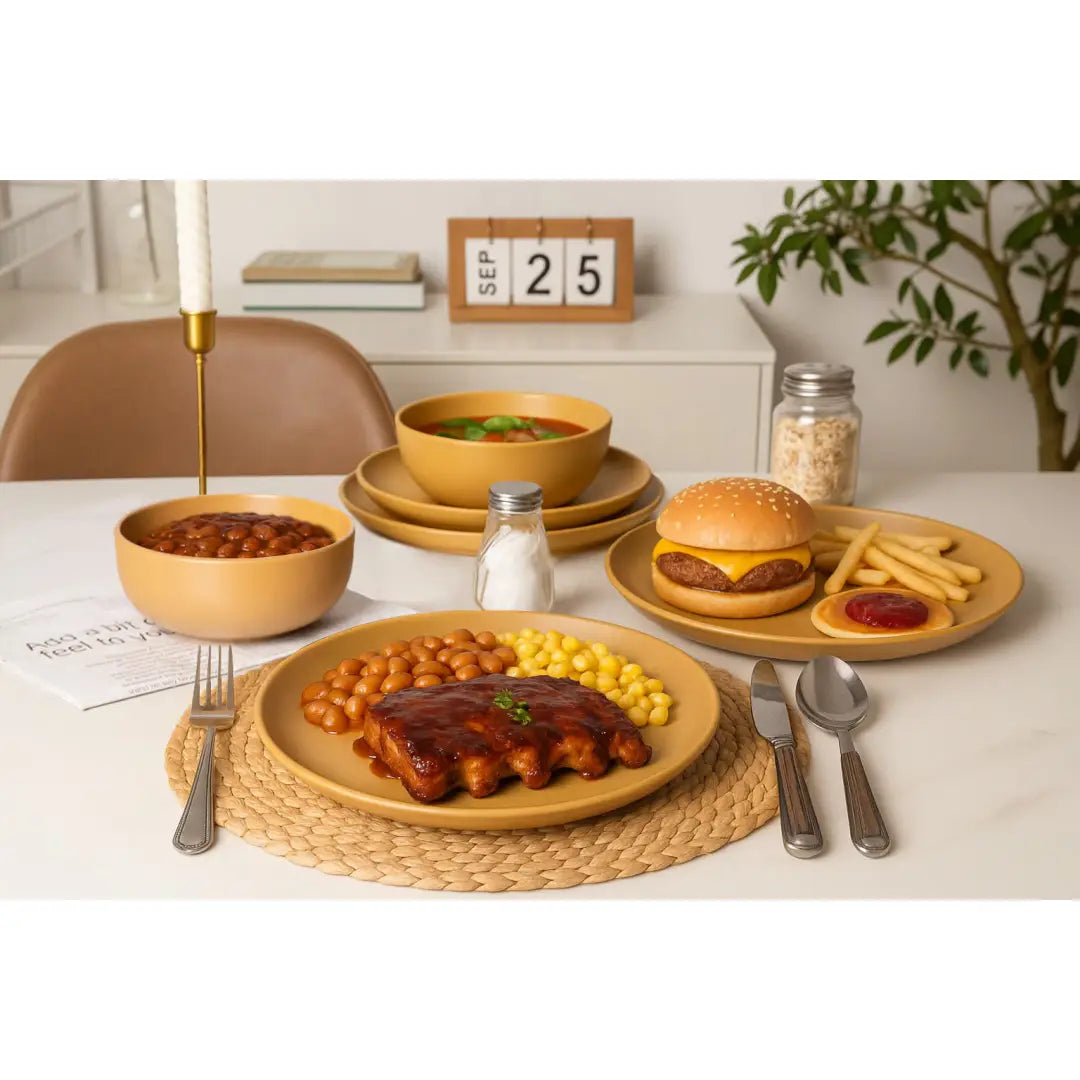 A rustic wooden table set with a 12 piece stoneware dinnerware set for four featuring matte glaze tan ceramic plates with glazed ribs beans corn and a burger.
