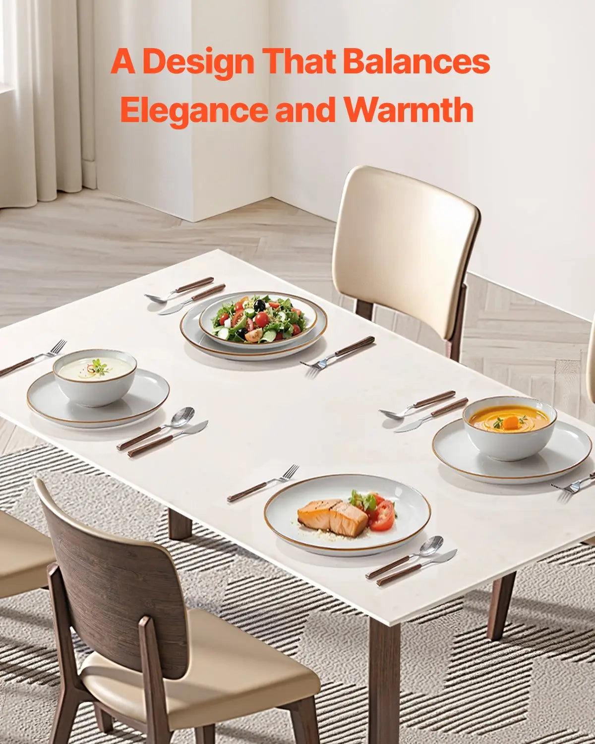 white rectangular dining table with dark wooden legs set with white ceramic dinnerware set gold rim 12 piece featuring plates and cutlery arranged neatly for a meal