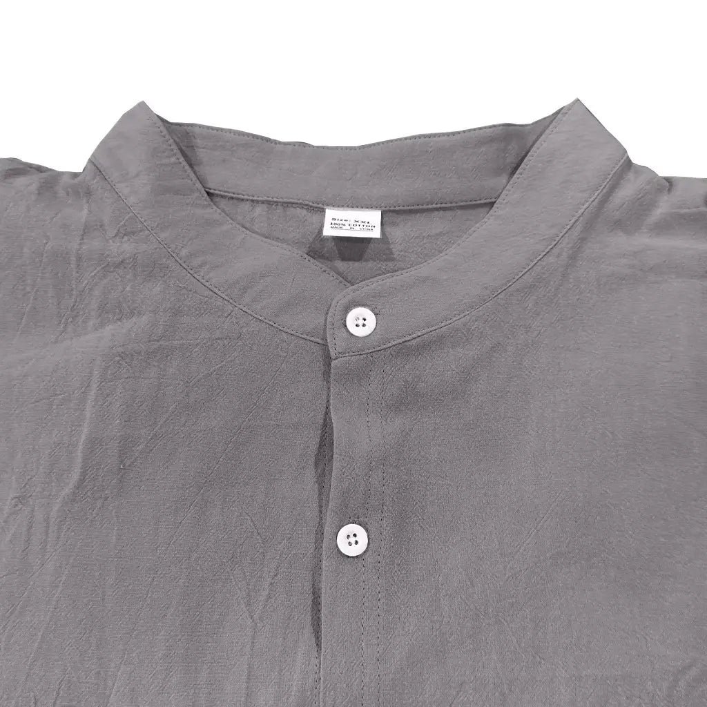 Men’s casual linen stand collar long sleeve shirt in gray with a mandarin collar and white buttons.