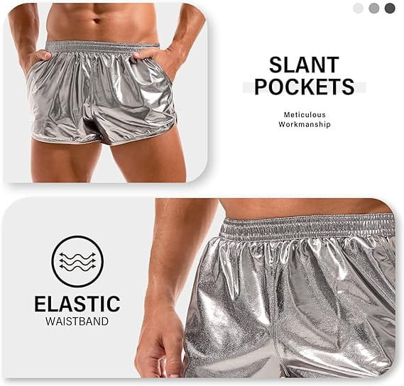 Mens shiny metallic casual shorts in silver with slant pockets and an elastic waistband made from a reflective metallic material.