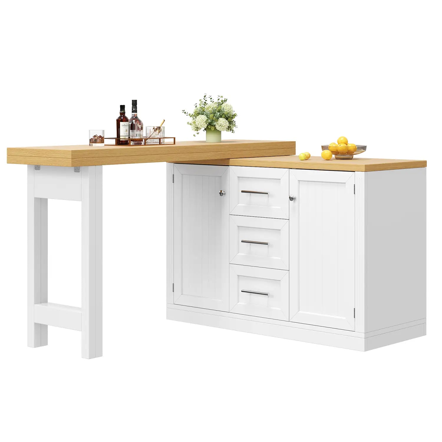 white and light wood l-shaped extendable kitchen island dining table with cabinets drawers and countertop for storage and dining use