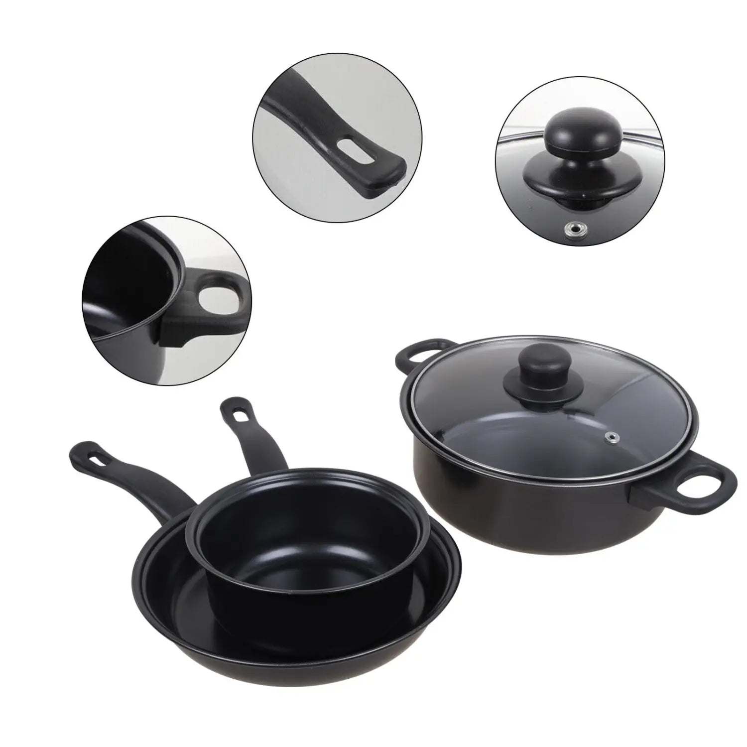Black non-stick cookware set featuring a frying pan, saucepan with lid, and smaller pot from the 13 piece non stick cookware set with glass lids.