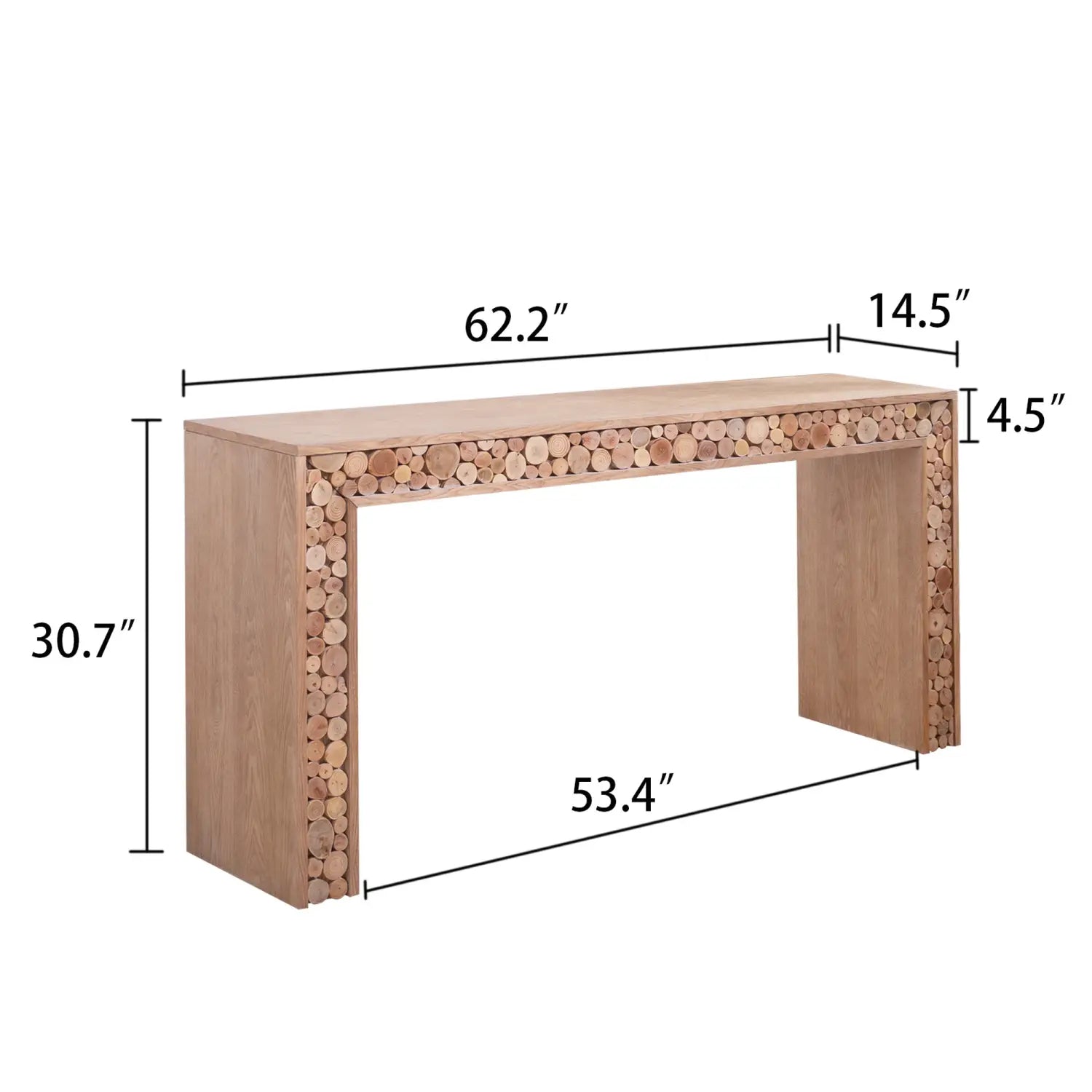 Una mesa consola rústica de madera clara con acentos de troncos naturales, que presenta rebanadas de madera circulares apiladas a lo largo de sus bordes.