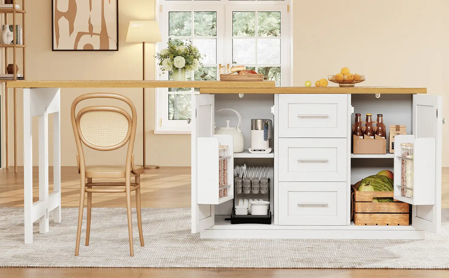 White extendable kitchen island dining table with a light wood countertop and open shelving for storage.