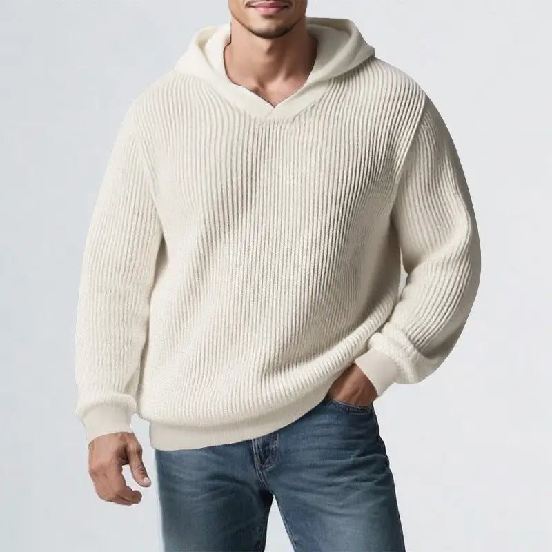 sudadera tipo jersey con capucha para hombre de invierno engrosada en punto acanalado color crema, con tejido texturizado cálido y una capucha suave.