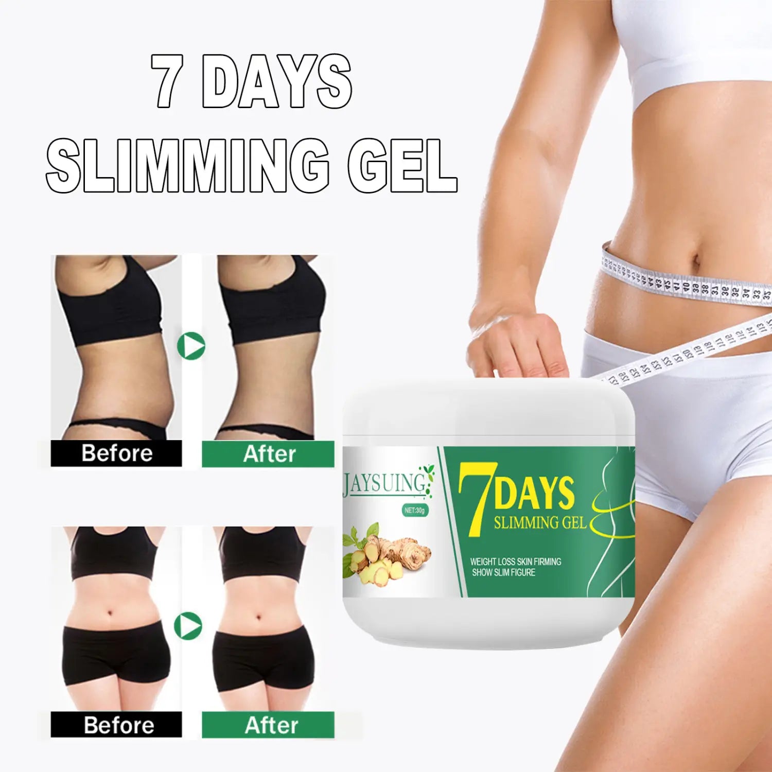 Weiße Kunststoffdose von Jaysung 7-Tage-Slimming-Gel mit grünem Etikett und Ingwerdarstellungen für Körperstraffung und Hautstraffung.