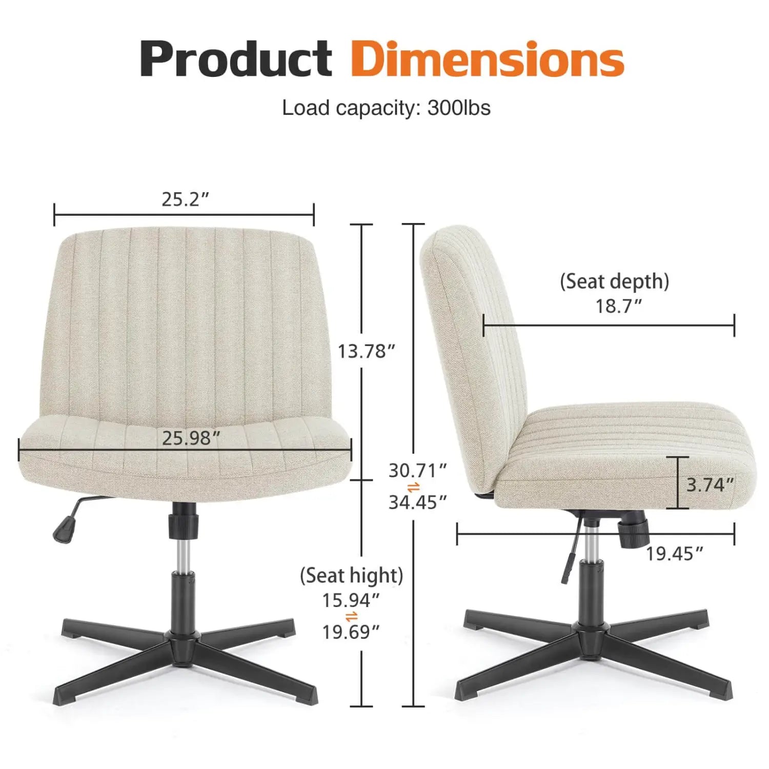 Chaise de bureau rembourrée beige, à assise croisée, avec base noire à cinq branches en métal et design pivotant sans accoudoirs pour une utilisation sur bureau.