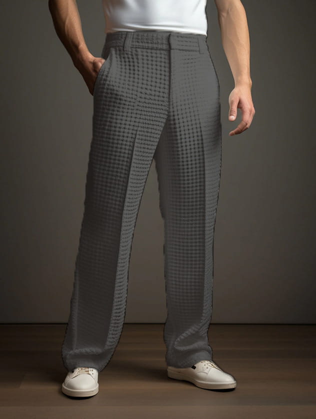 Men’s slim fit waffle knit straight leg business trousers in gray featuring a textured knit fabric and subtle vertical seam detailing.